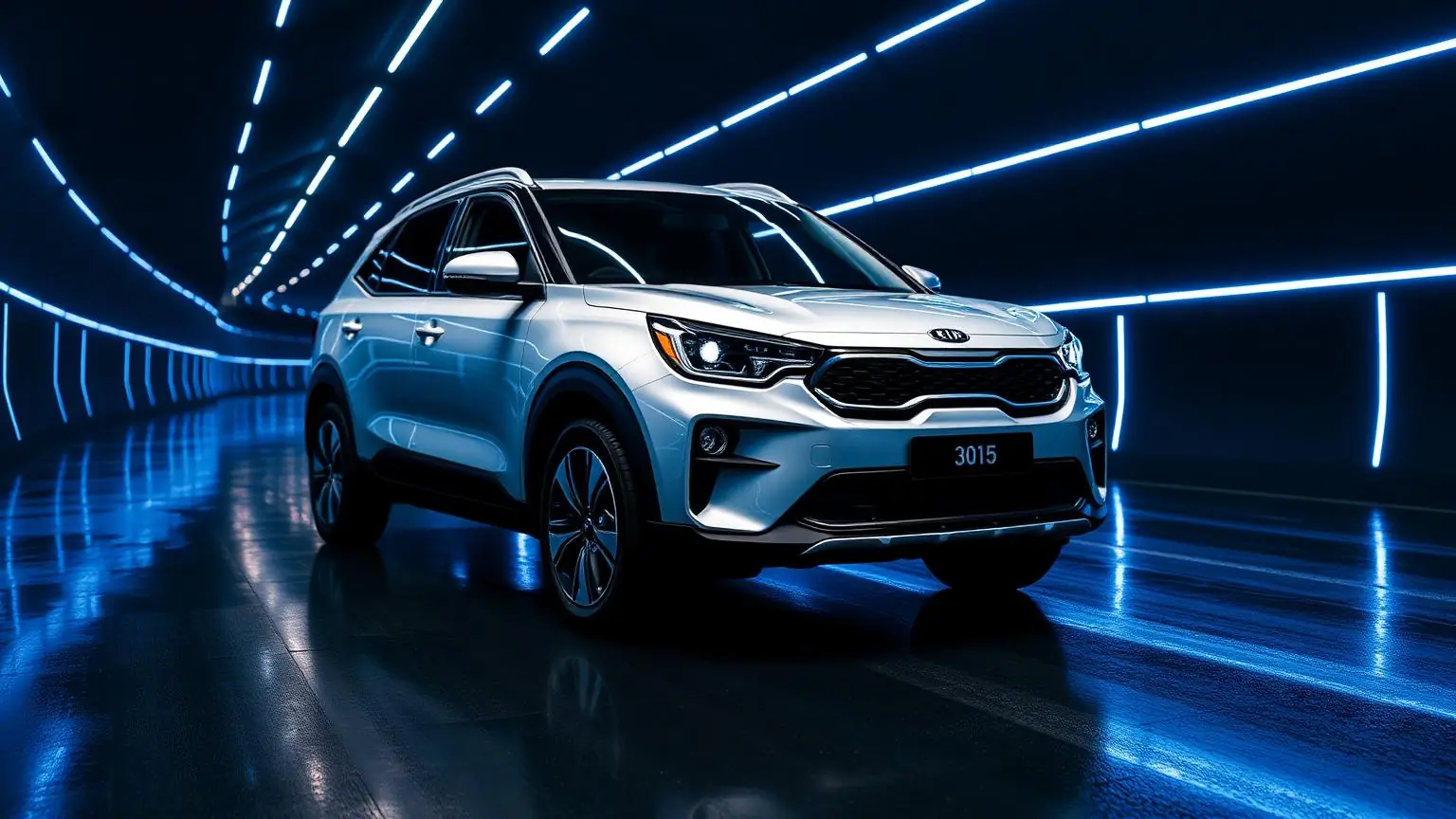 Kia Seltos 2025 prata em túnel com LEDs azuis