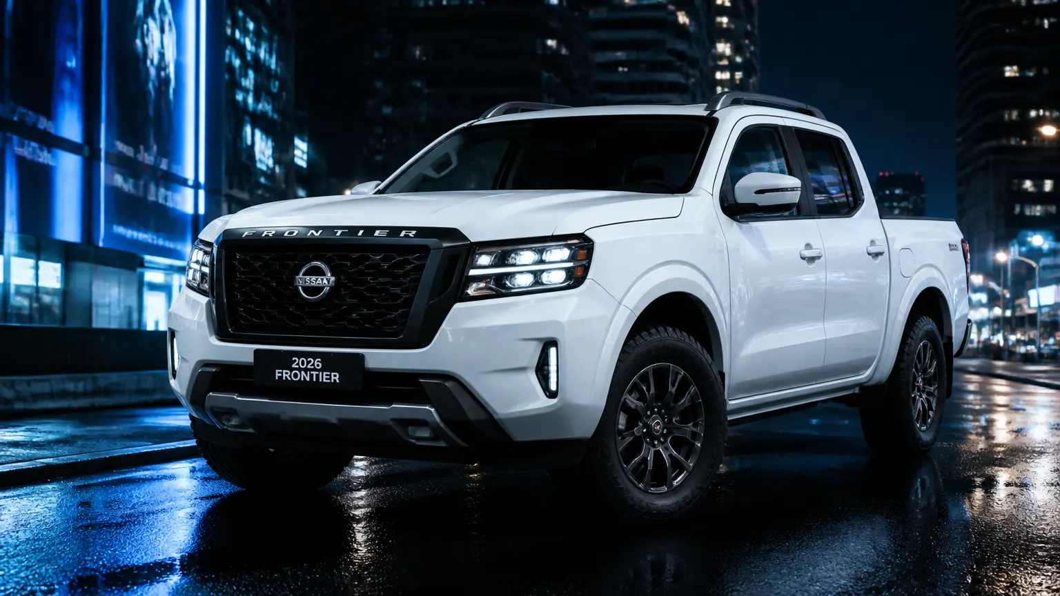 Nissan Frontier 2026 branca em rua noturna
