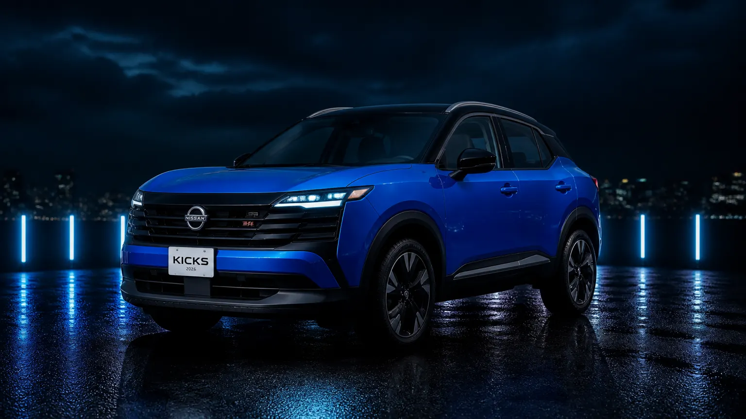 Nissan Kicks 2026 azul em plataforma noturna